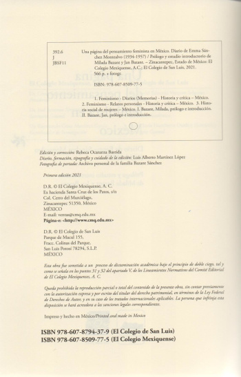 Una página del pensamiento feminista en México. Diario de Emma Sánchez Montealvo, 1934-1957.