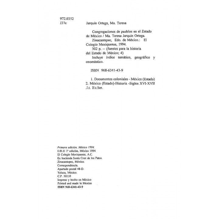 Congregaciones de pueblos en el Estado de México (Fuentes para la Historia del Estado de México 4)
