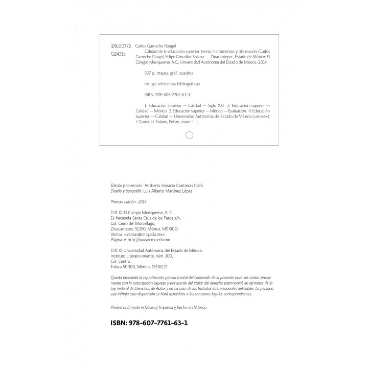Calidad de la Educación Superior. Teoría, instrumentos y planeación