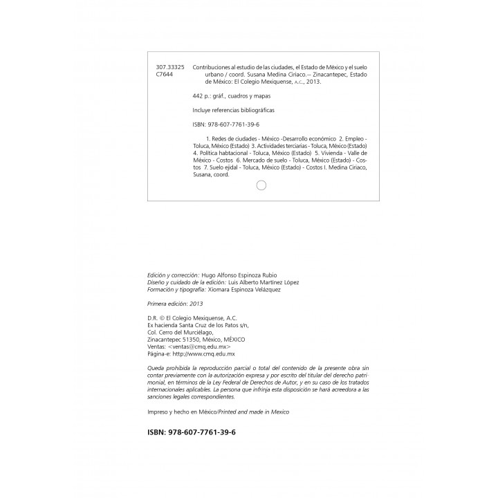 Contribuciones al estudio de las ciudades, el Estado de México y el suelo urbano