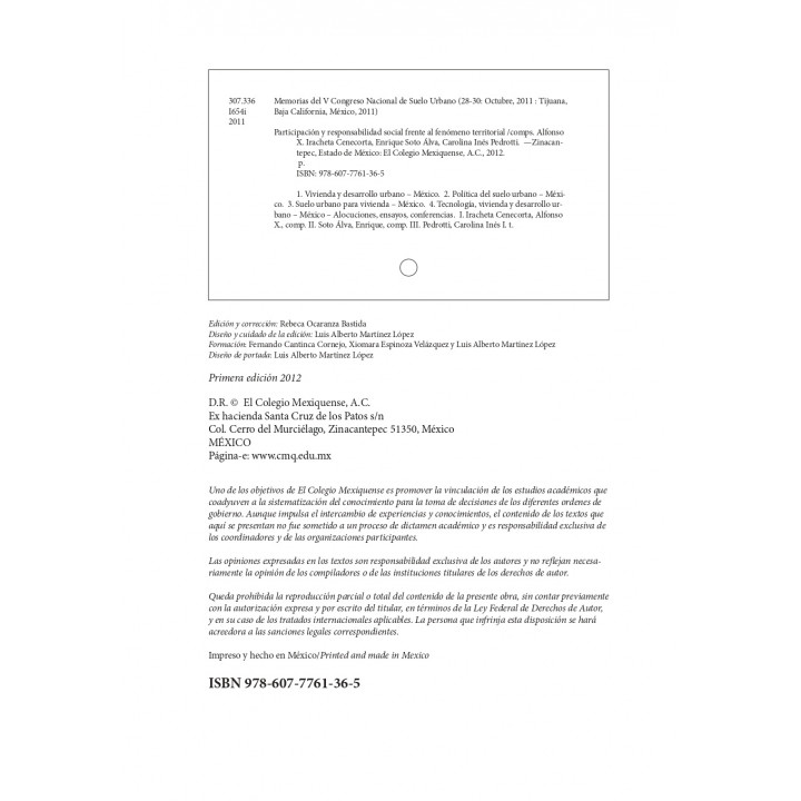Participación y responsabilidad social frente al fenómeno territorial. Memorias del V Congreso Nacional de Suelo...