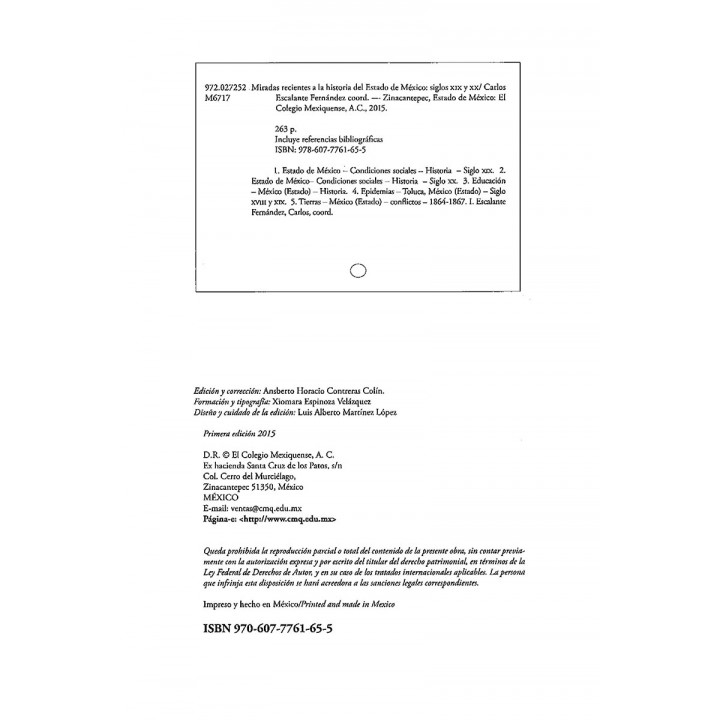 Miradas recientes a la historia del Estado de México Siglos XIX y XX