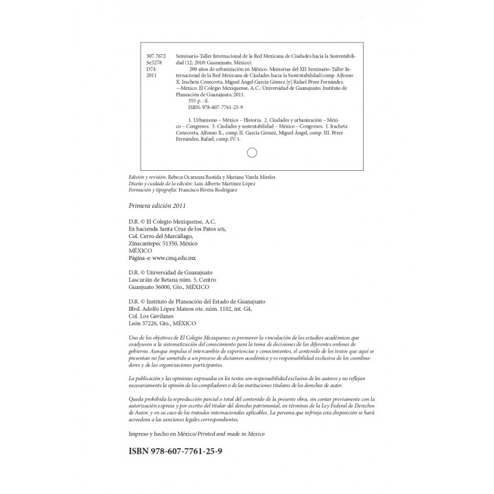 200 años de urbanización en México: Memorias del XII Seminario- Taller Internacional de la Red Mexicana de Ciudades hacia...