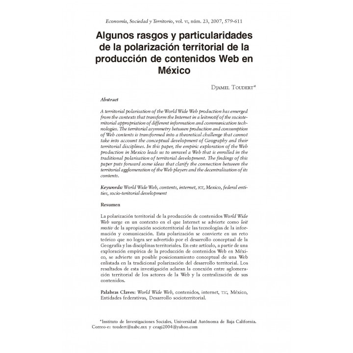 Economía, Sociedad y Territorio, Vol. VII, Núm. 23, enero-abril 2007