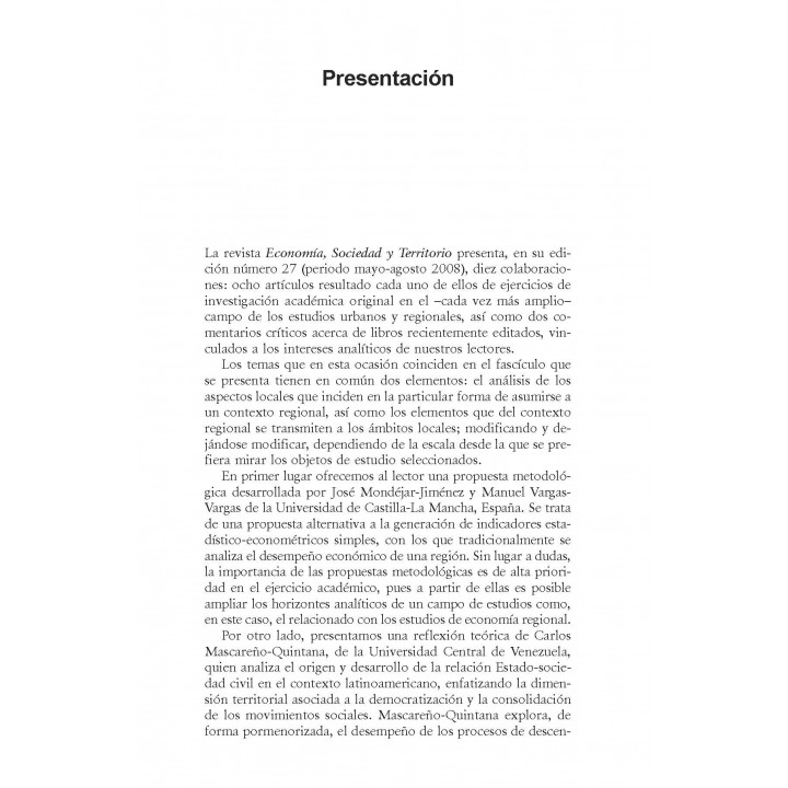 Economía Sociedad y Territorio, Vol. VIII, num 27, mayo-agosto de 2008