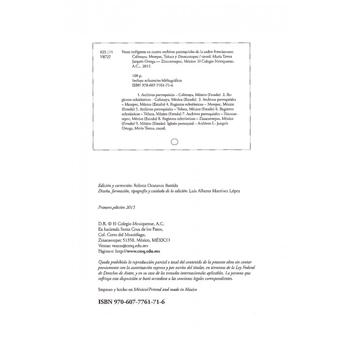 Voces indígenas en cuatro archivos parroquiales de la orden franciscana. Calimaya, Metepec, Toluca y Zinacantepec