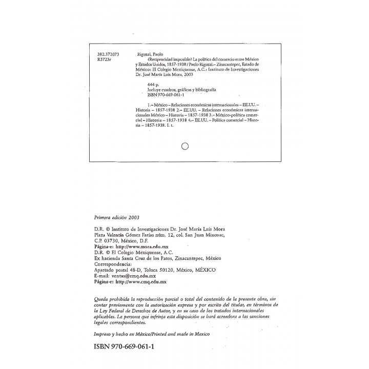 ¿Reciprocidad imposible? La política del comercio entre México y Estados Unidos, 1857-1938