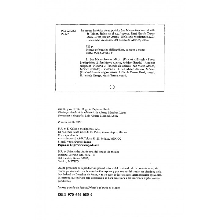 La proeza histórica de un pueblo. San Mateo Atenco en el valle de Toluca Siglos VIII-XIX