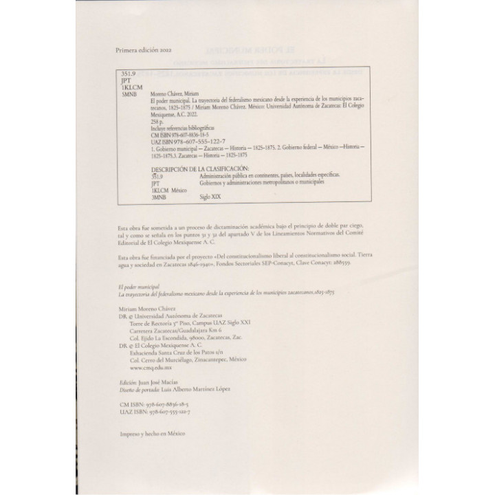 El poder municipal. La trayectoria del federalismo mexicano desde la experiencia de los municipios zacatecanos 1825-1975